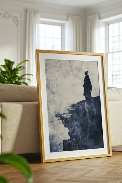 Cliffside Samurai Print - Slate Blue Ink Wash Poster | Samurai Legacy