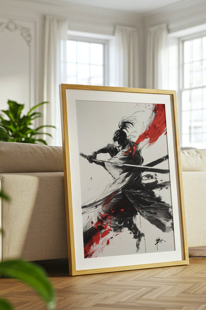 Crimson Arc Samurai Katana Print - Ink Wash Poster | Samurai Legacy