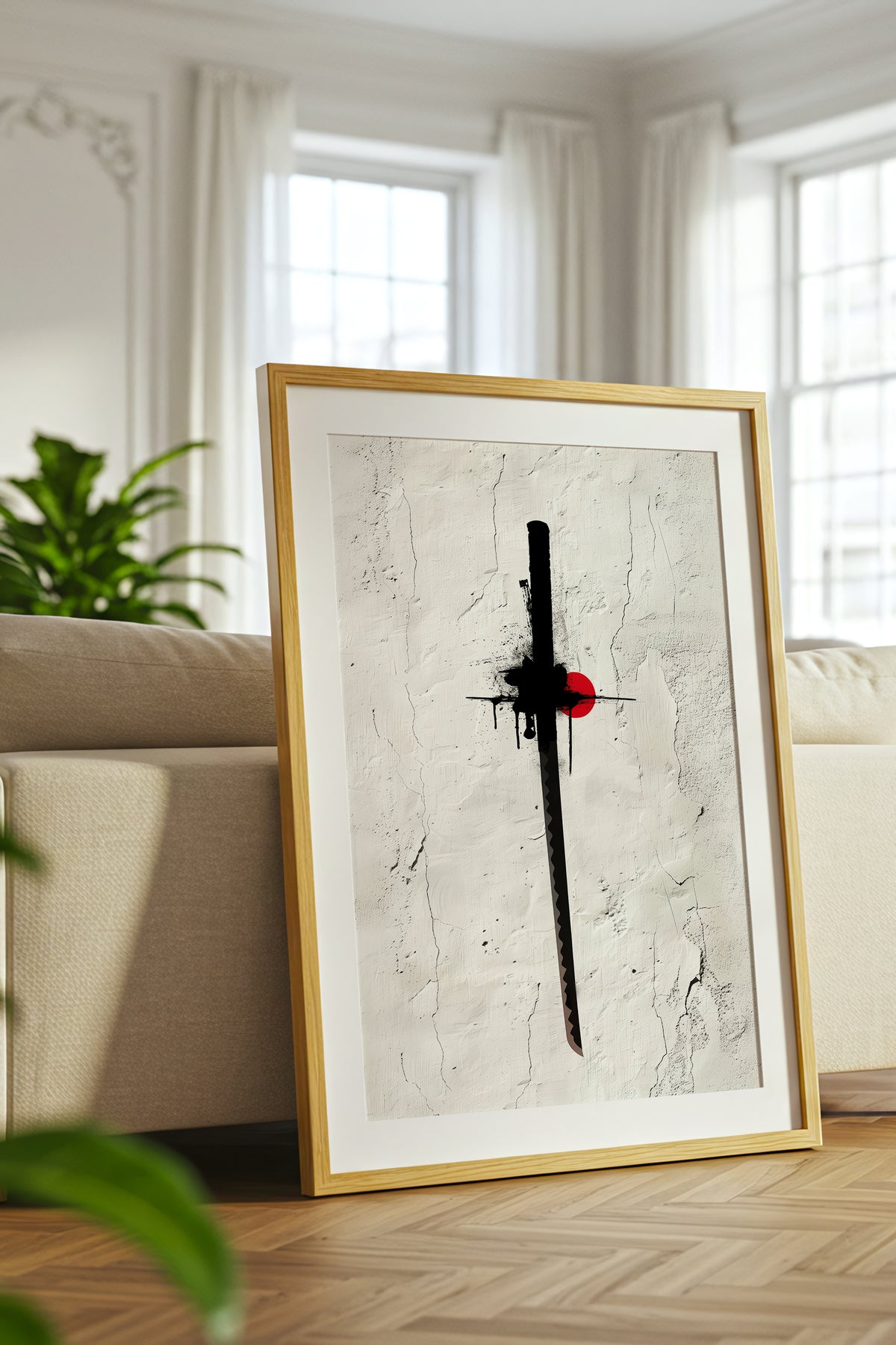 Katana Sword Red Sun Wall Art - Minimalist Ink Poster | Samurai Legacy