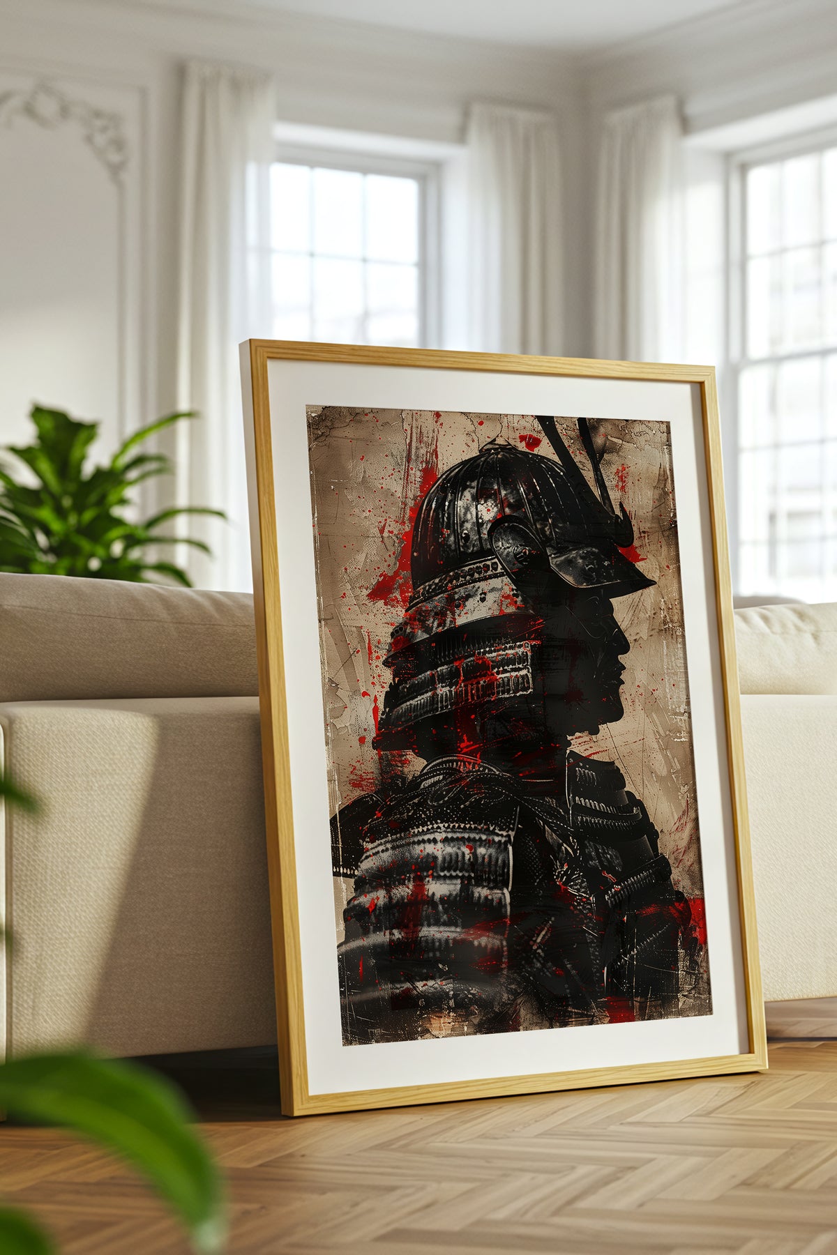 Crimson Splatter Kabuto Samurai Print - Vintage Art | Samurai Legacy