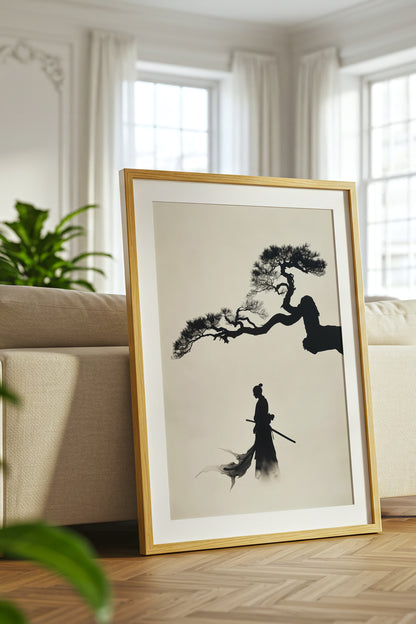 Pine Tree Samurai Art Print - Minimalist Ink Wash Poster | Samurai Legacy