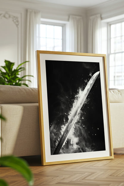 Glowing Katana Blade Print - Monochromatic Smoke Poster | Samurai Legacy