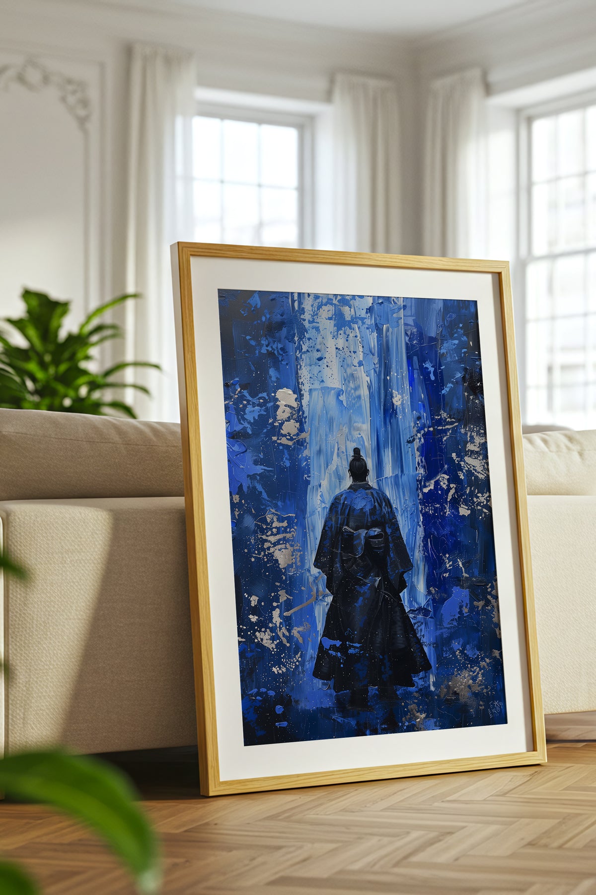 Cobalt Blue Samurai Print - Silver Impasto Poster | Samurai Legacy