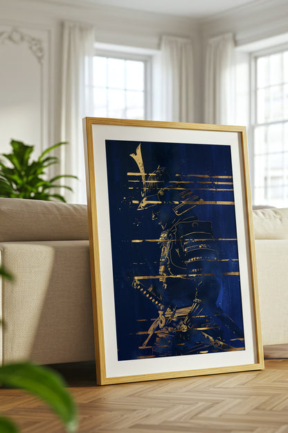 Indigo Gold Samurai Print - Navy Gilded Art Poster | Samurai Legacy