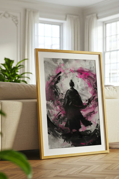 Silent Focus Lone Samurai Print - Expressionist Pink Ink Art | Samurai Legacy