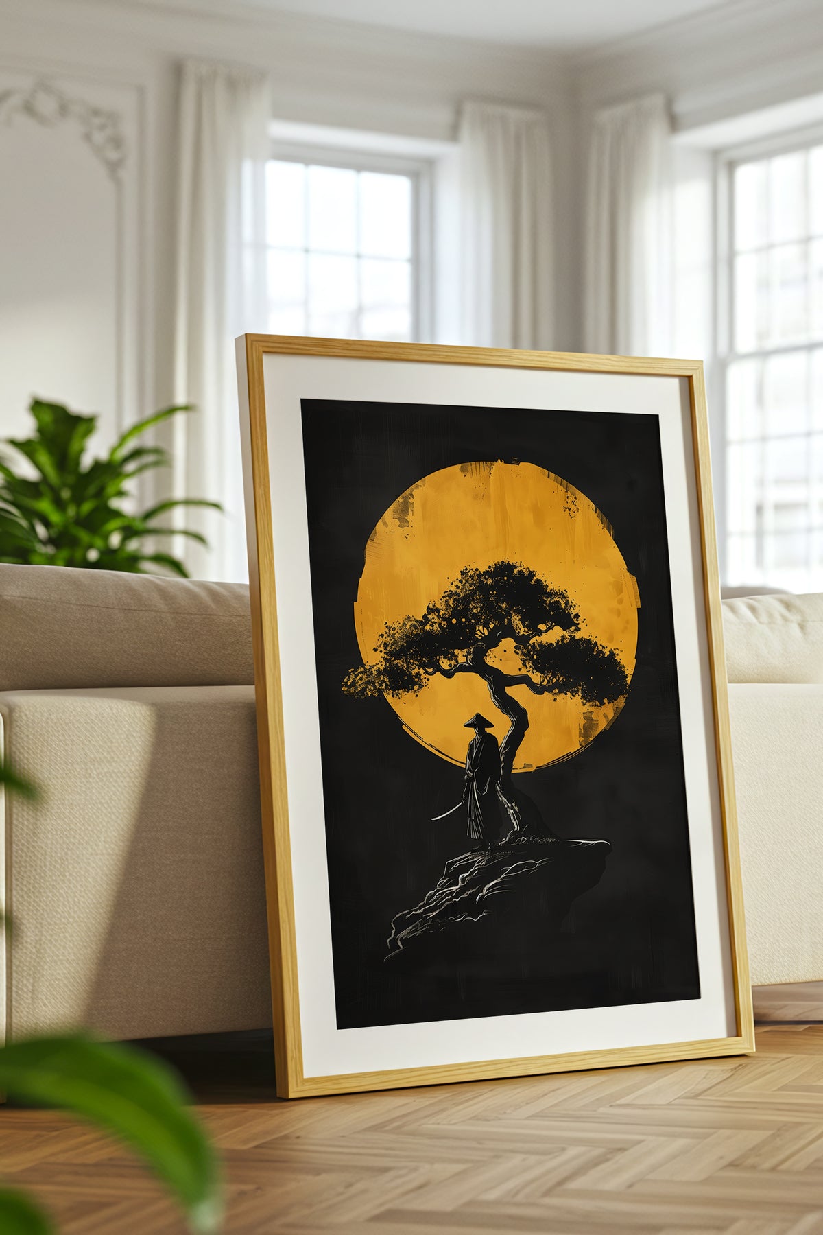 Lone Moonlit Samurai Bonsai Print - Abstract Gold & Black Zen Landscape | Samurai Legacy