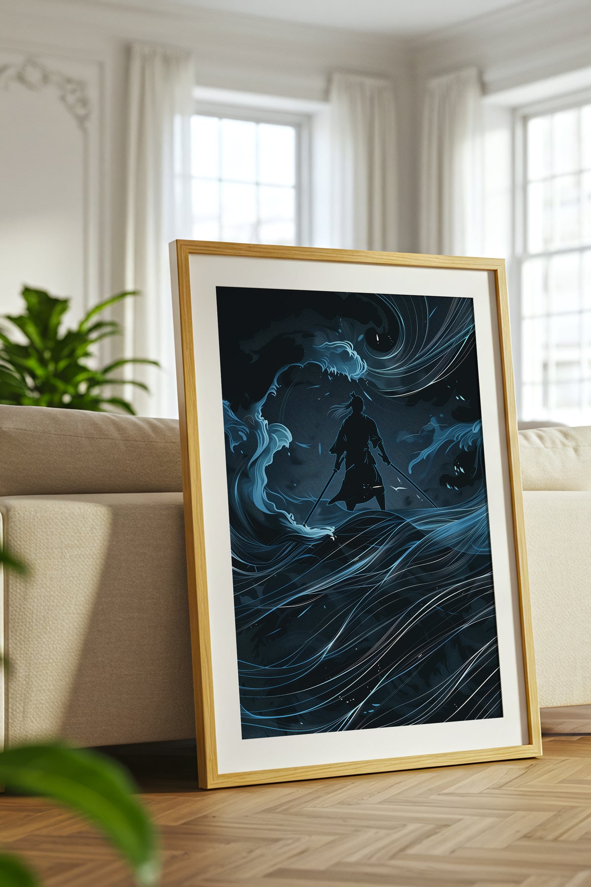 Lone Samurai Blue Ocean Print - Abstract Wave Art | Samurai Legacy