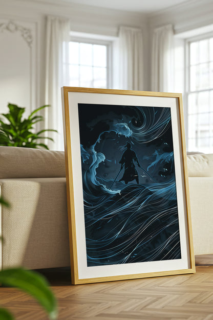 Lone Samurai Blue Ocean Print - Abstract Wave Art | Samurai Legacy