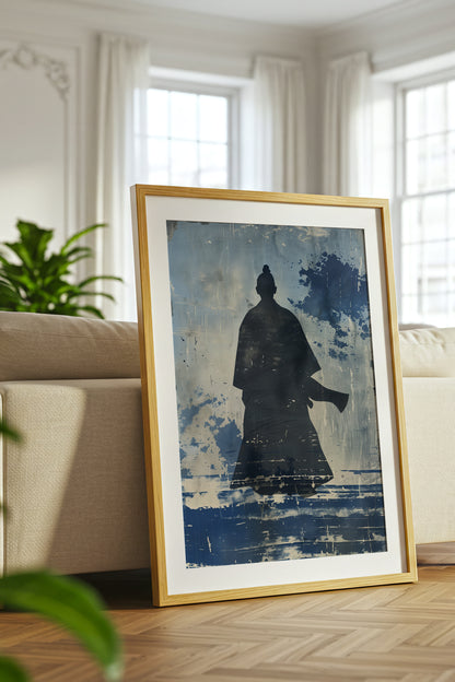 Lone Samurai Silhouette Print - Blue Ink Wabi-Sabi Art | Samurai Legacy