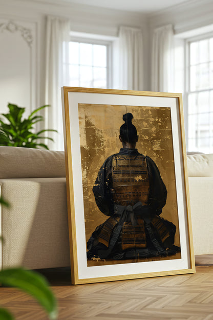 Seated Samurai Armor Poster - Gold Leaf Japanese Wall Art | Samurai Legacy