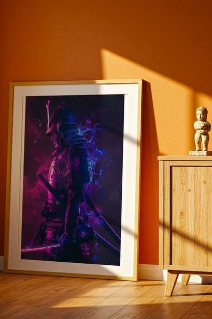 Cyber Neon Samurai Wall Art - Violet Blue Shogun Poster | Samurai Legacy