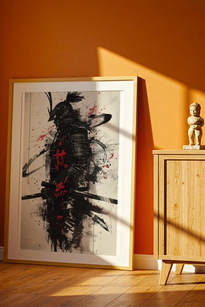 Calligraphy Splatter Samurai Armor Print - Ink Art Poster | Samurai Legacy