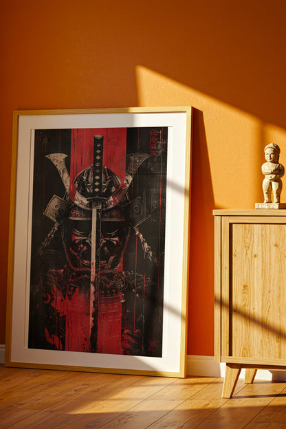 Crimson Katana Kabuto Poster - Graphic Samurai Print | Samurai Legacy