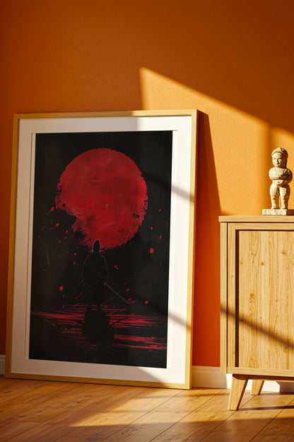 Crimson Moon Samurai Wall Art - Dark Minimalist Poster | Samurai Legacy