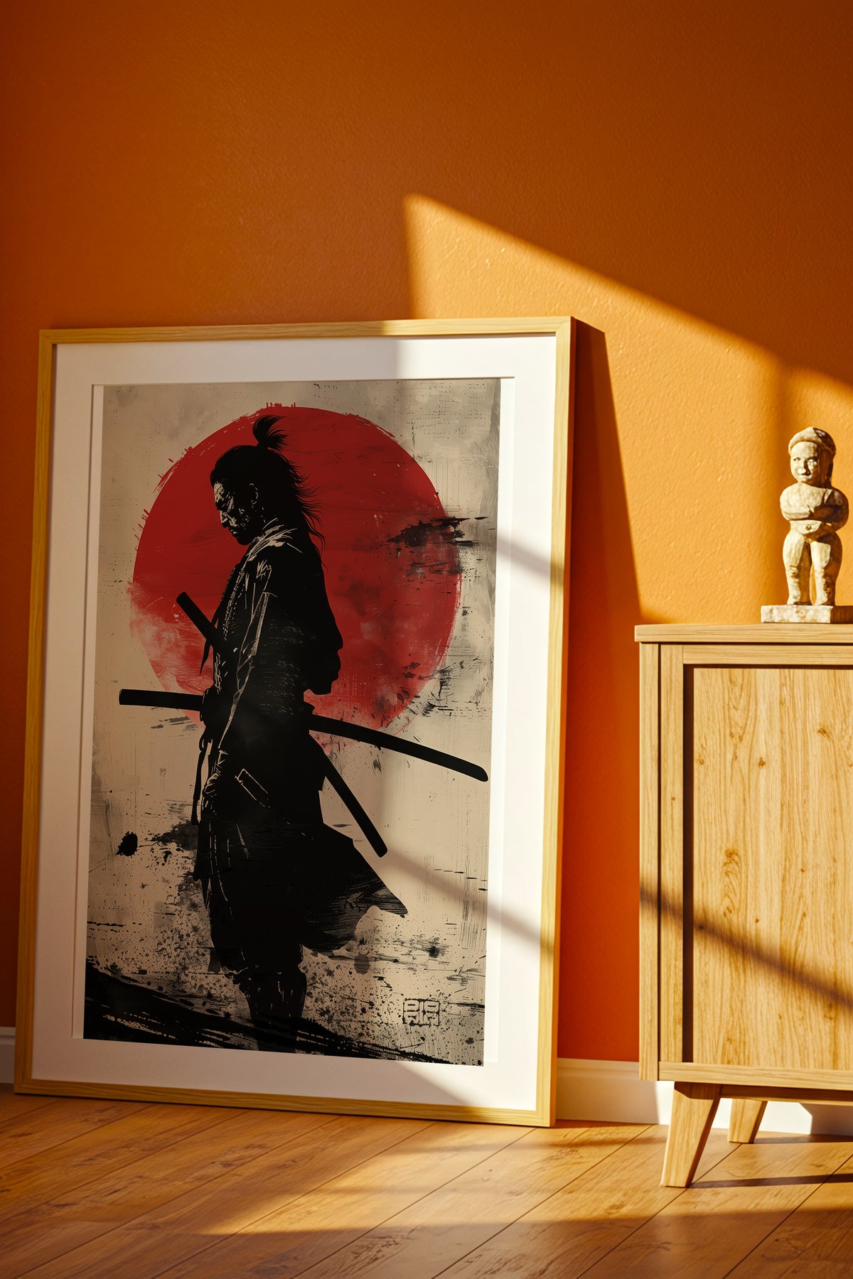 Red Sun Samurai Art Print - Vintage Sumi Ink Poster | Samurai Legacy