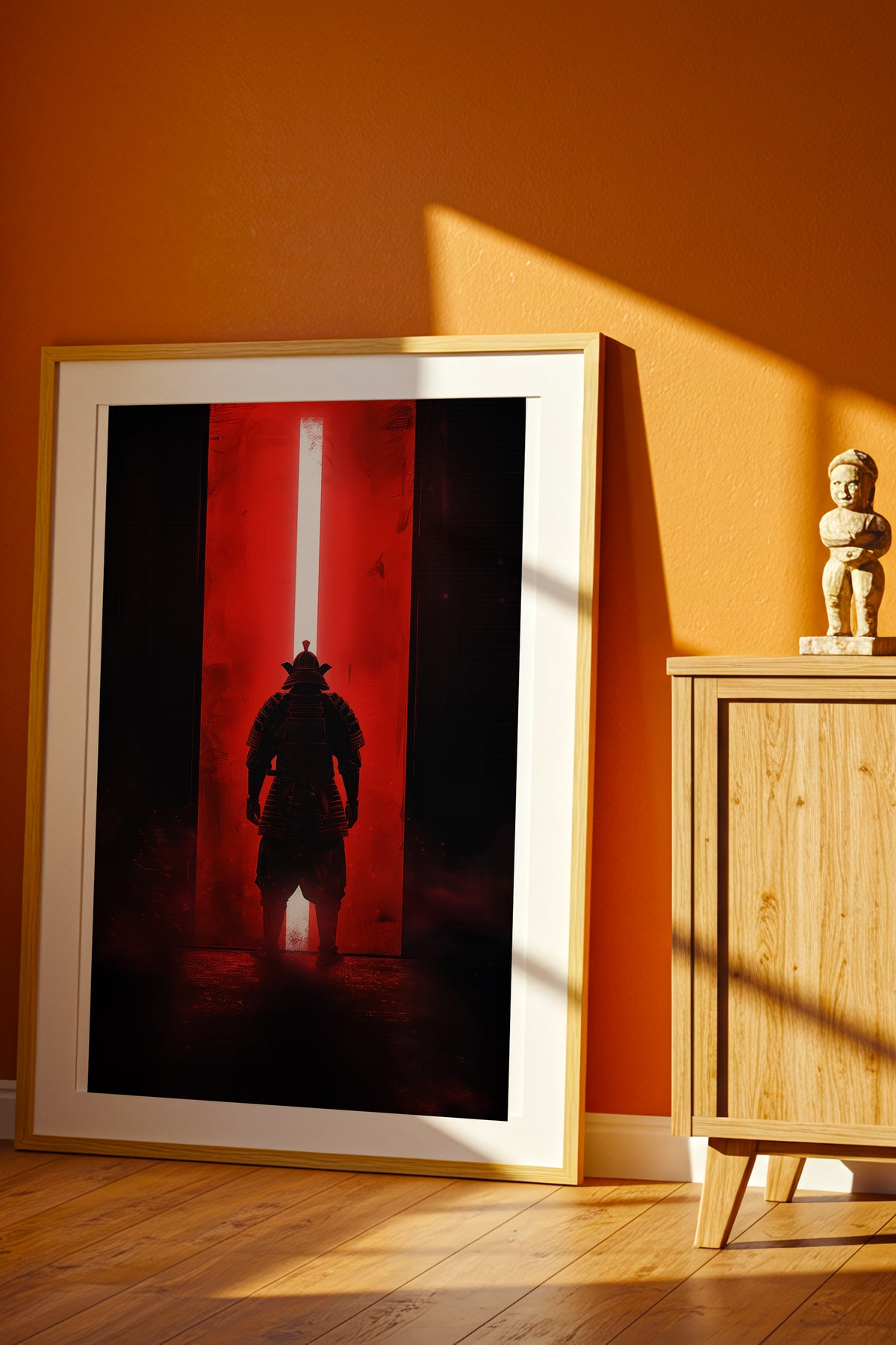 Red Portal Samurai Armor Print - Minimal Light Beam Art | Samurai Legacy