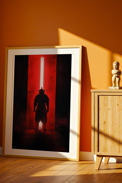 Red Portal Samurai Armor Print - Minimal Light Beam Art | Samurai Legacy