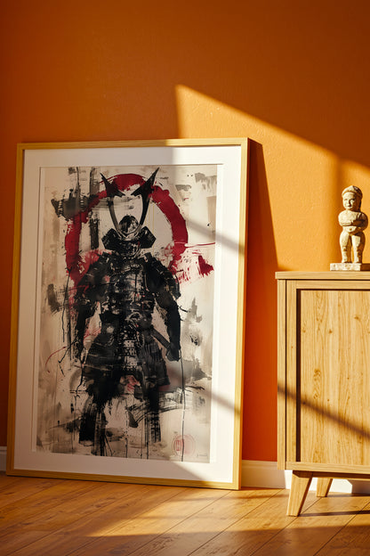 Red Enso Samurai Armor Print - Sumi Ink Wash Poster | Samurai Legacy