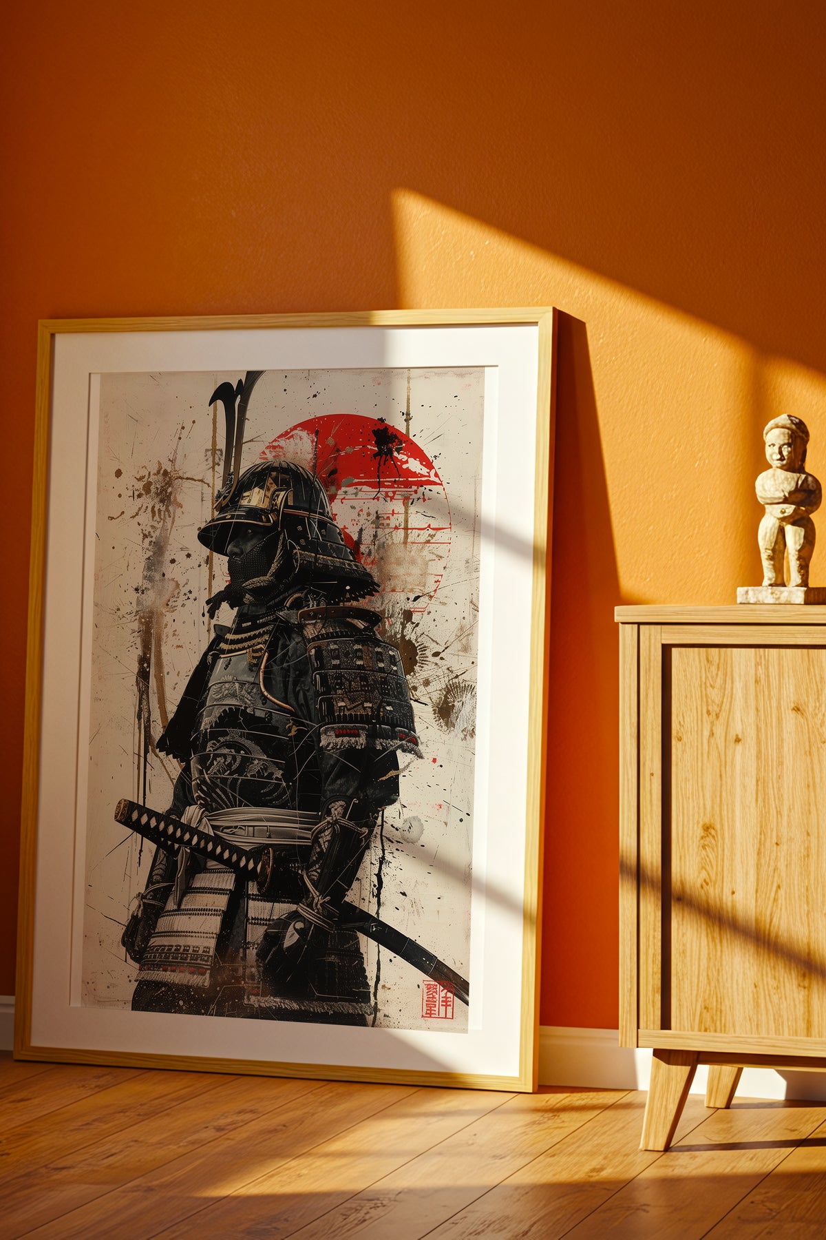 Red Sun Samurai Armor Print - Gold Splatter Wash Art | Samurai Legacy