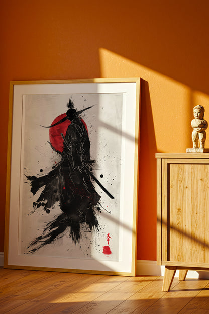 Crimson Sun Samurai Print - Dynamic Sumi Ink Poster | Samurai Legacy