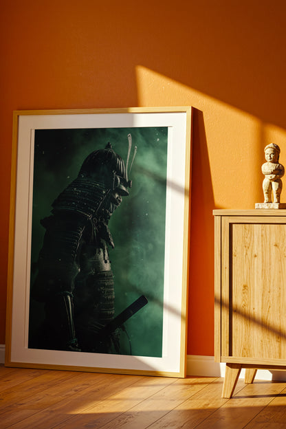 Emerald Shadow Samurai Print - Jade Mist Shogun Poster | Samurai Legacy