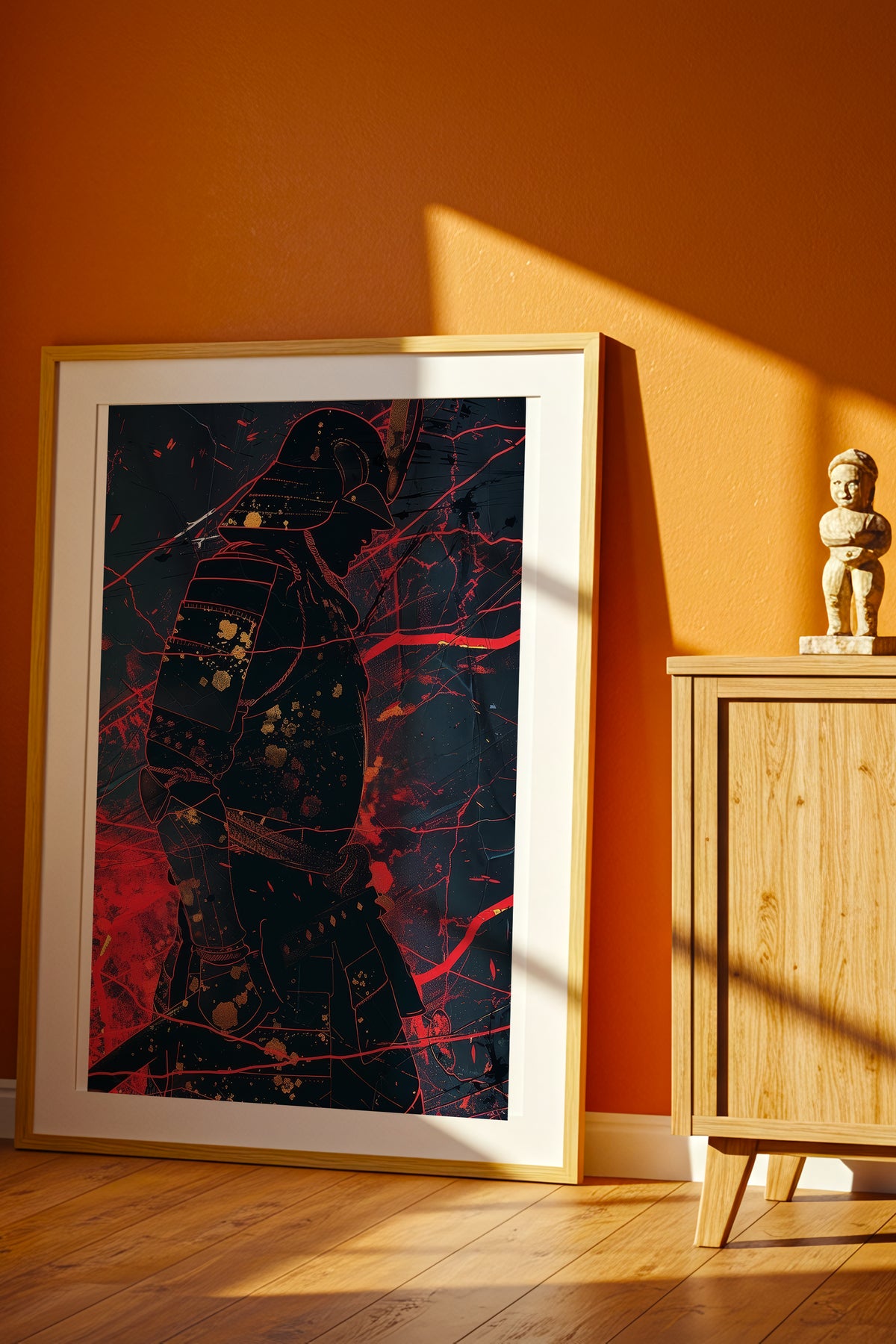 Crimson Line Samurai Armor Poster - Abstract Gold Print | Samurai Legacy