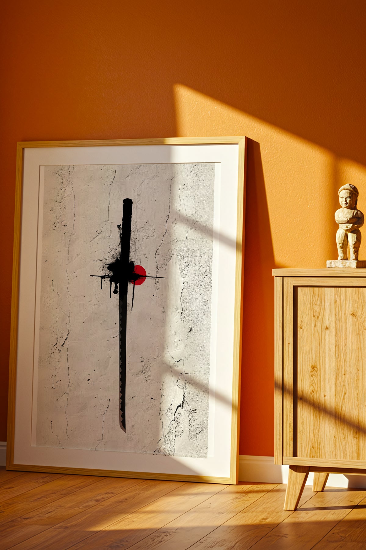 Katana Sword Red Sun Wall Art - Minimalist Ink Poster | Samurai Legacy