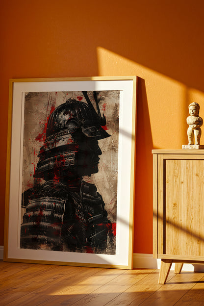 Crimson Splatter Kabuto Samurai Print - Vintage Art | Samurai Legacy