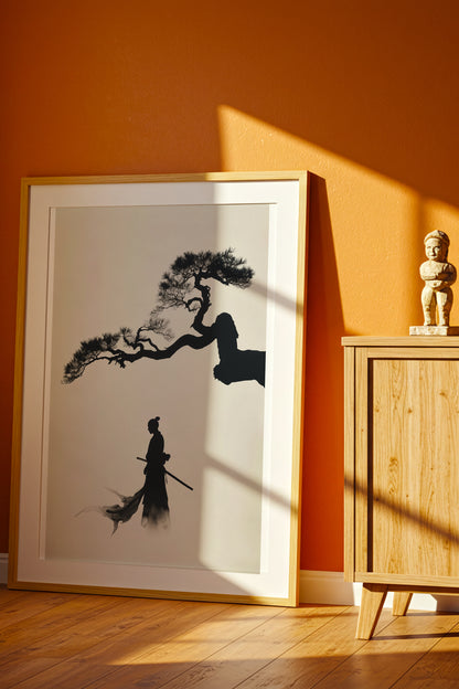 Pine Tree Samurai Art Print - Minimalist Ink Wash Poster | Samurai Legacy
