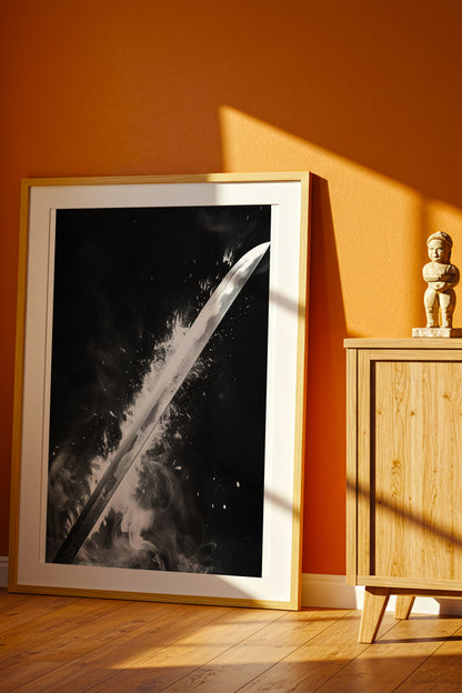 Glowing Katana Blade Print - Monochromatic Smoke Poster | Samurai Legacy