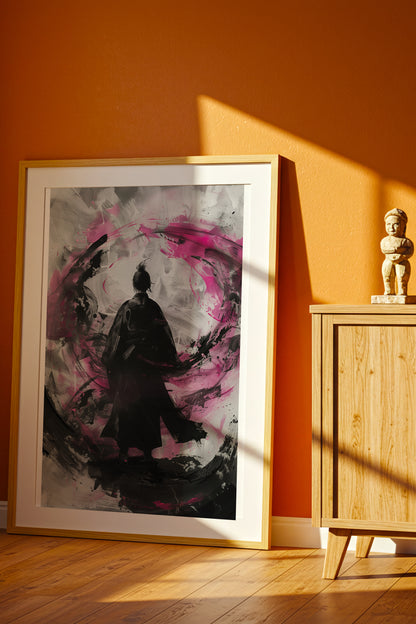 Silent Focus Lone Samurai Print - Expressionist Pink Ink Art | Samurai Legacy