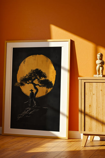 Lone Moonlit Samurai Bonsai Print - Abstract Gold & Black Zen Landscape | Samurai Legacy