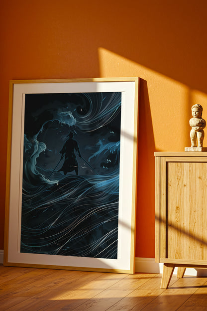 Lone Samurai Blue Ocean Print - Abstract Wave Art | Samurai Legacy