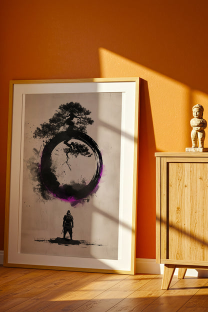 Zen Enso Circle Samurai Print - Violet Ink Pine Tree Decor | Samurai Legacy