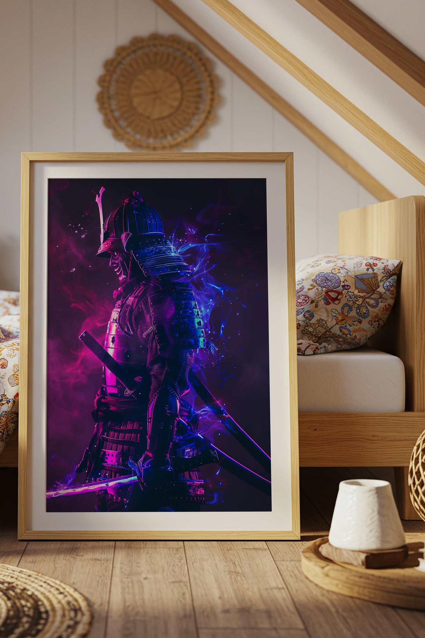 Cyber Neon Samurai Wall Art - Violet Blue Shogun Poster | Samurai Legacy