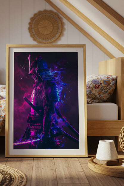 Cyber Neon Samurai Wall Art - Violet Blue Shogun Poster | Samurai Legacy