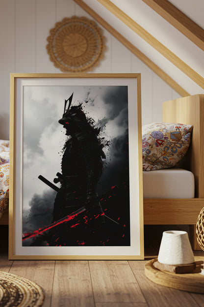 Crimson Blade Samurai Print - Dark Monochrome Poster | Samurai Legacy