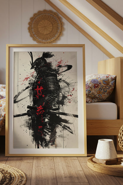 Calligraphy Splatter Samurai Armor Print - Ink Art Poster | Samurai Legacy