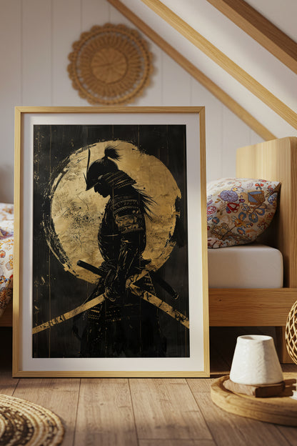Gold Leaf Dual Katana Samurai Print - Obsidian Art | Samurai Legacy