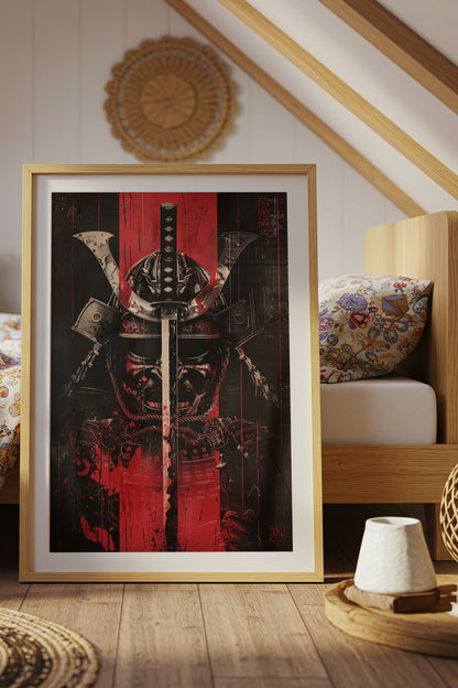 Crimson Katana Kabuto Poster - Graphic Samurai Print | Samurai Legacy
