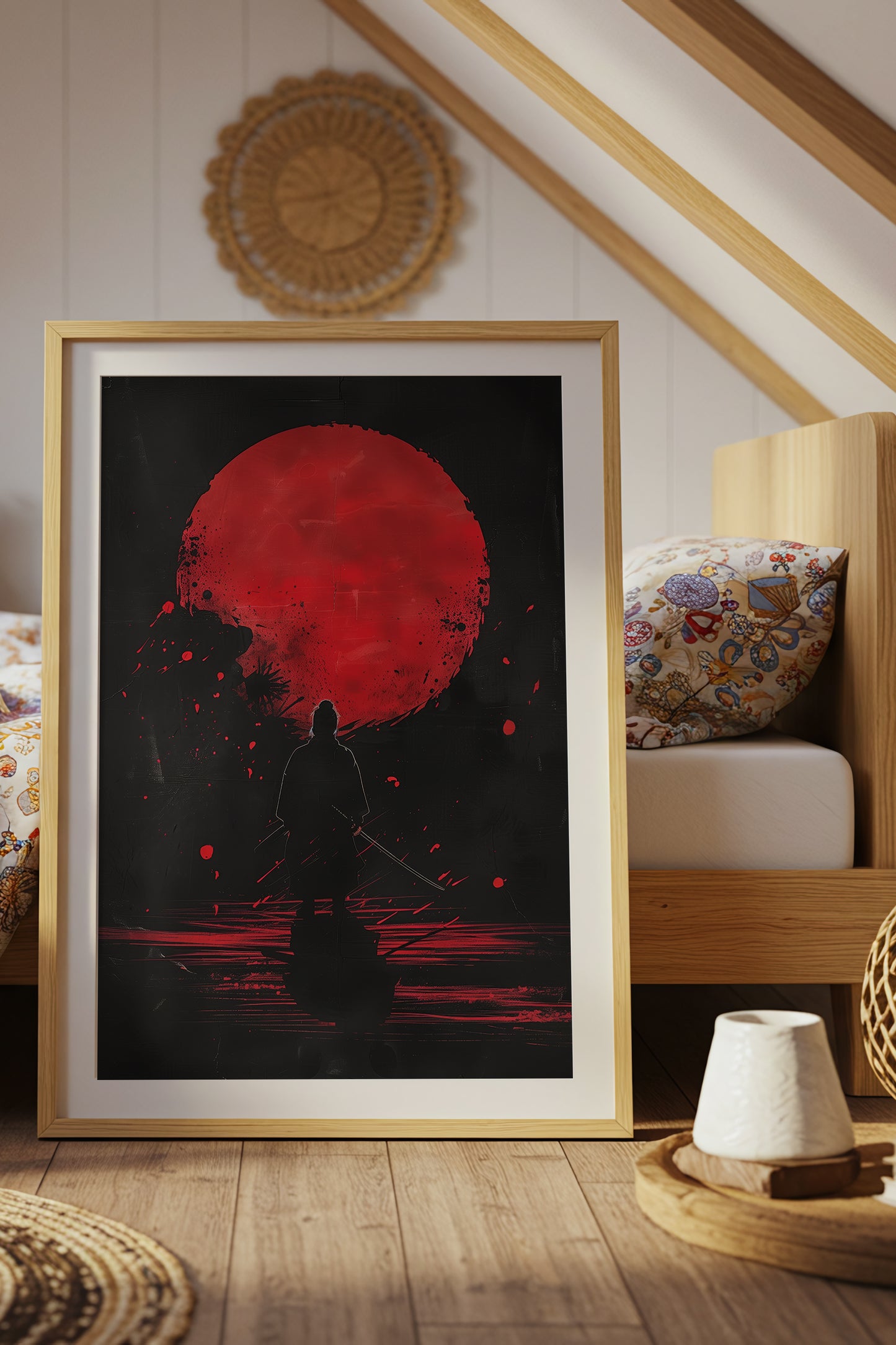 Crimson Moon Samurai Wall Art - Dark Minimalist Poster | Samurai Legacy