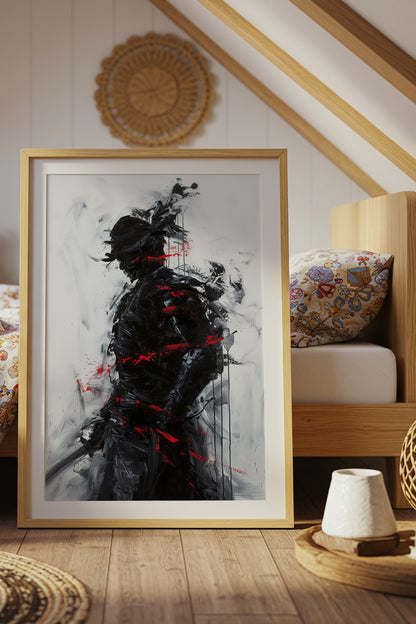 Charcoal Splatter Samurai Print - Raw Action Oil Poster | Samurai Legacy