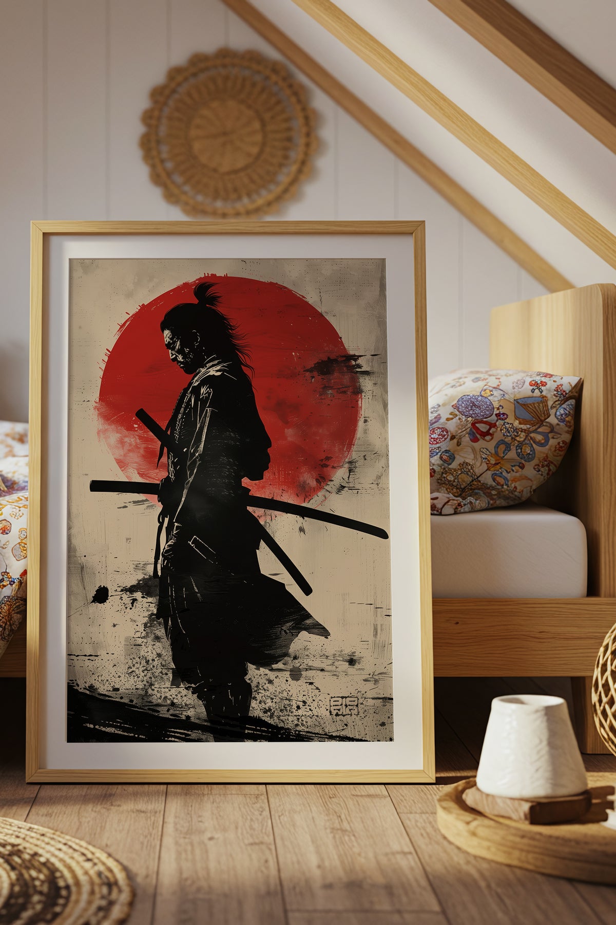Red Sun Samurai Art Print - Vintage Sumi Ink Poster | Samurai Legacy