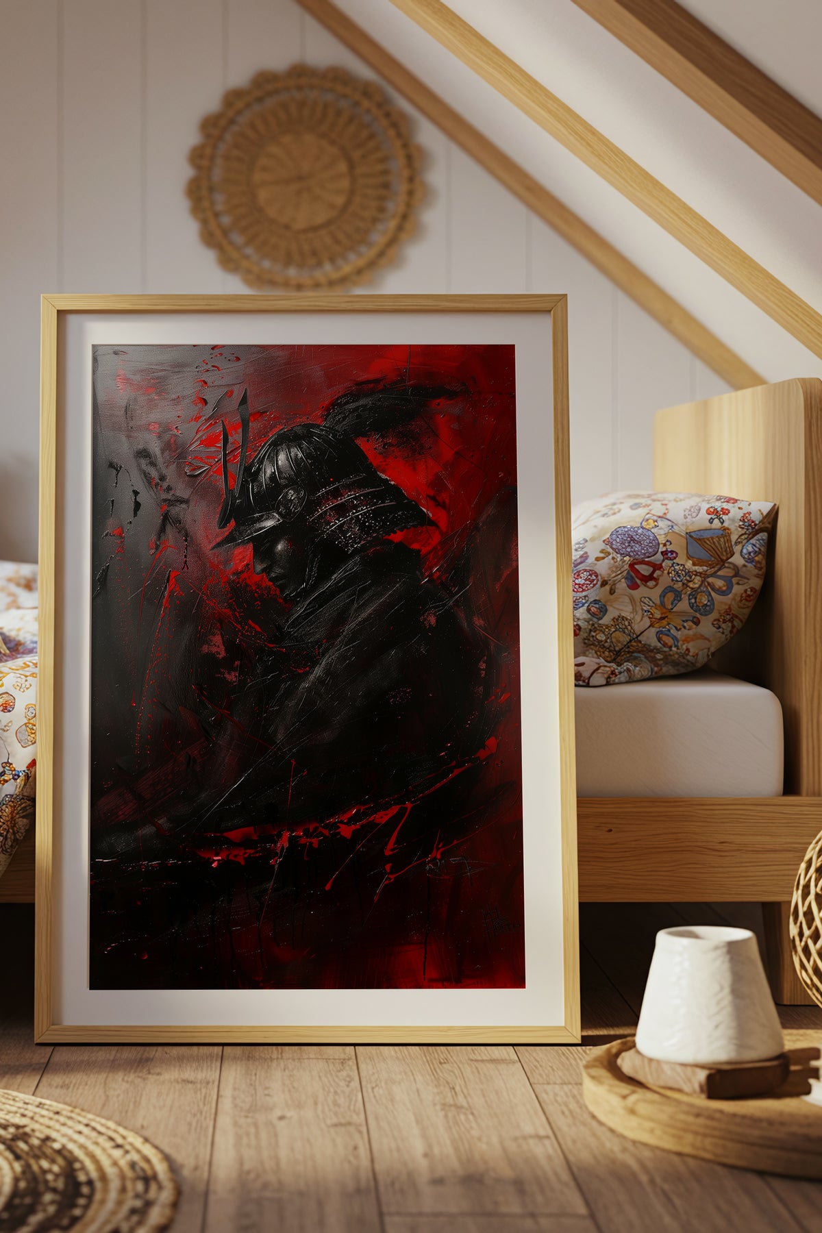 Crimson Samurai Helmet Profile Print - Dark Impasto Art | Samurai Legacy