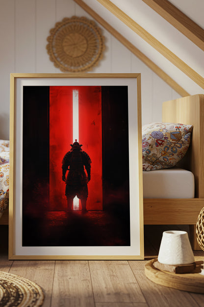 Red Portal Samurai Armor Print - Minimal Light Beam Art | Samurai Legacy