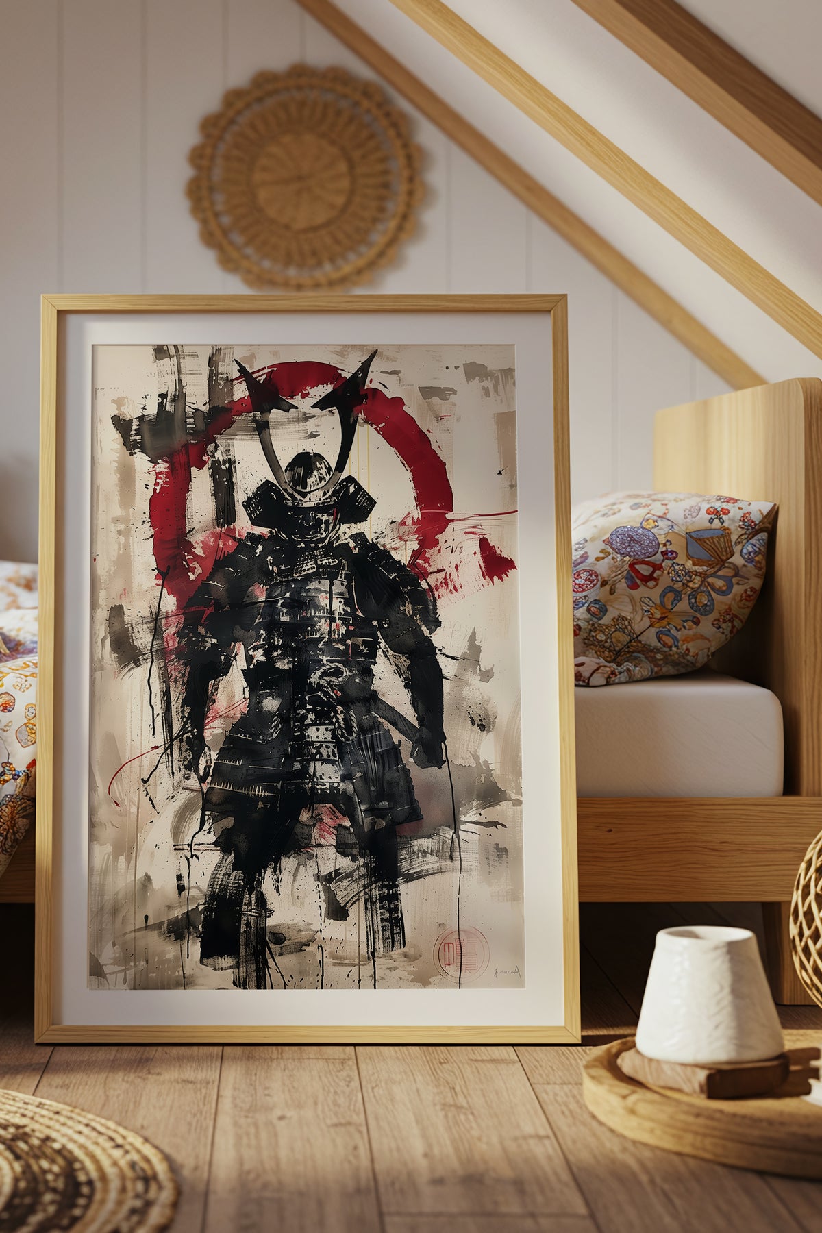 Red Enso Samurai Armor Print - Sumi Ink Wash Poster | Samurai Legacy