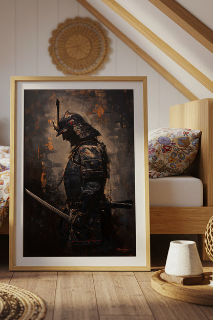 Gold Ember Samurai Profile Print - Dark Impasto Art | Samurai Legacy