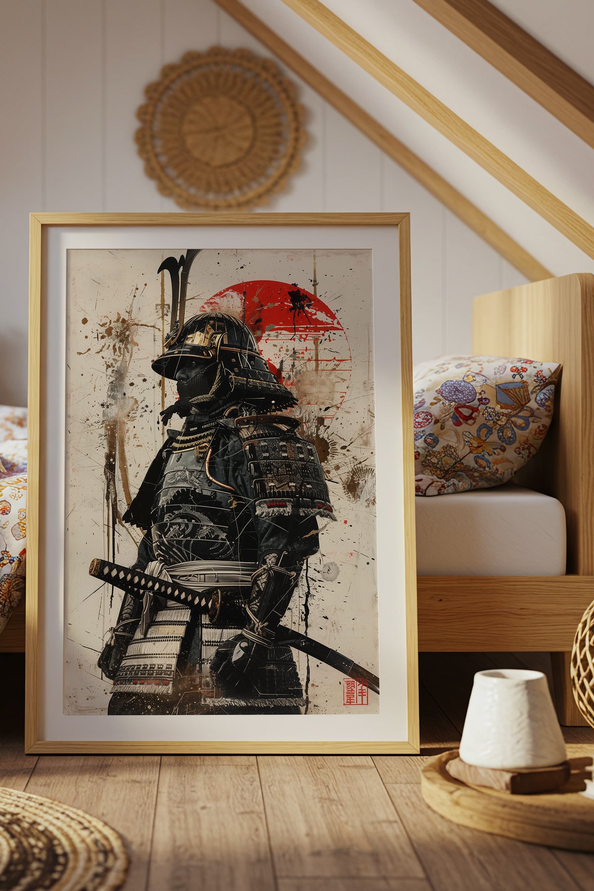 Red Sun Samurai Armor Print - Gold Splatter Wash Art | Samurai Legacy