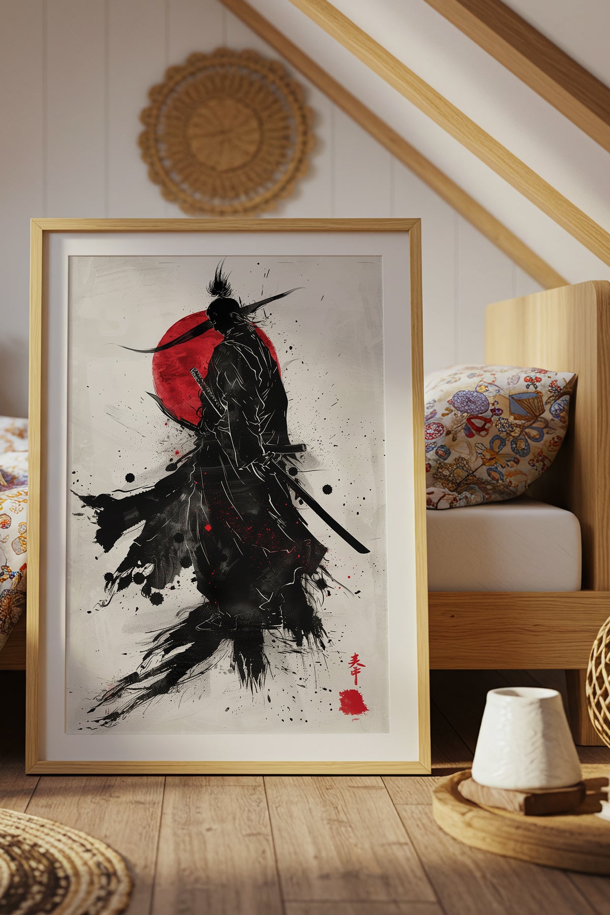 Crimson Sun Samurai Print - Dynamic Sumi Ink Poster | Samurai Legacy