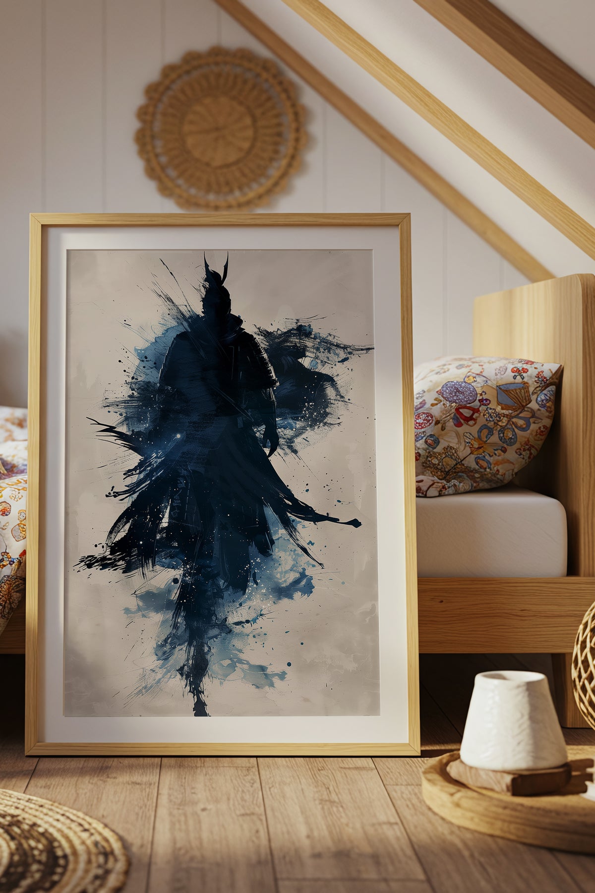 Indigo Splatter Samurai Print - Sumi Ink Wash Poster | Samurai Legacy